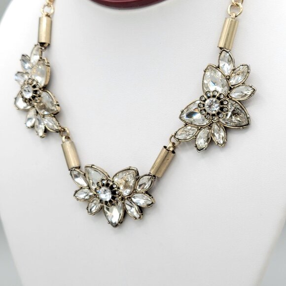 Express Floral Gold Tone Necklace Prong Set Cabochons Crystal Accents 16" - Picture 4 of 9